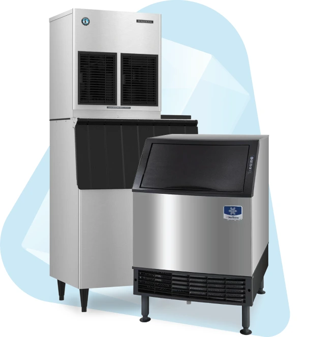 hoshizaki ice machine and bin next to manitowoc bin with ice background