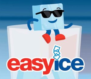 Easy Ice logo with mascot Kelvin the ice cube sitting on a cup