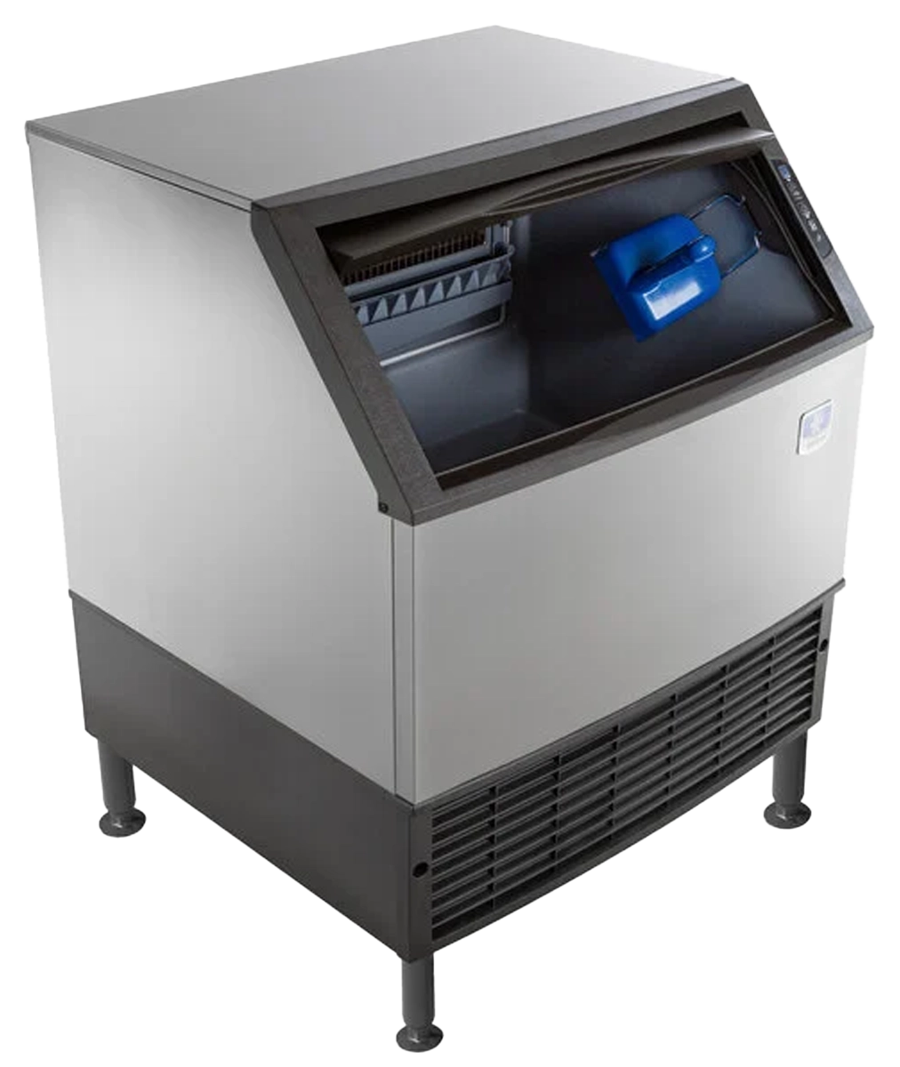 undercounter ice machine, open with ice scoop inside